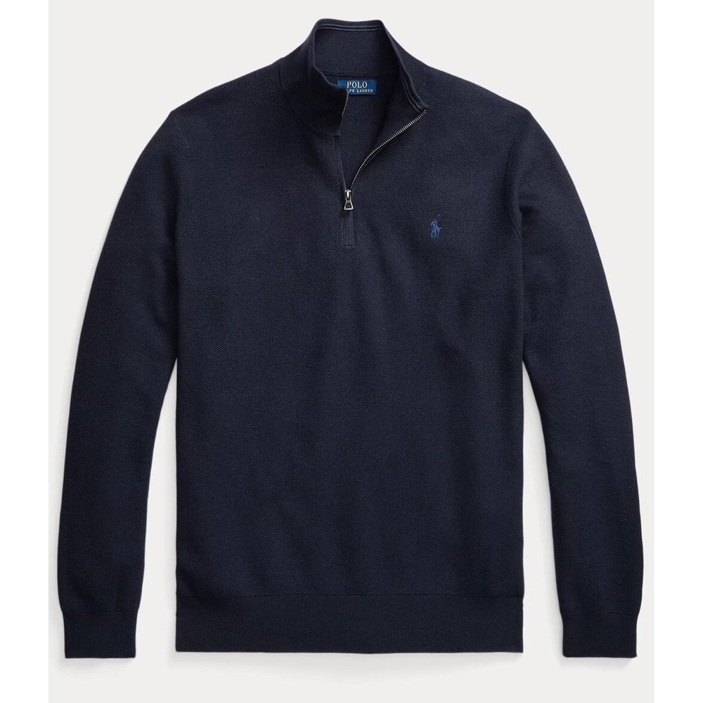 NWT Men Polo Ralph Lauren Mesh Knit Cotton Quarter Zip Sweater Navy‎ Heather XLB